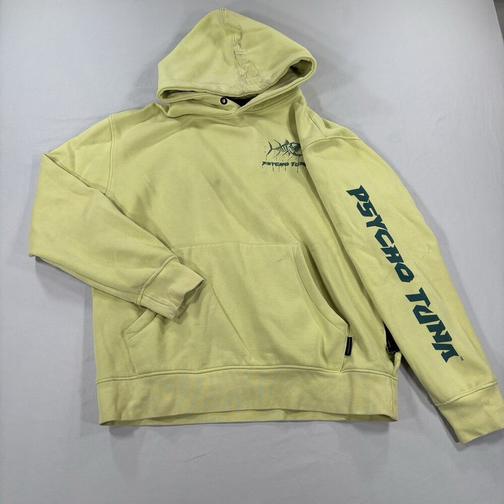 Psycho Tuna Mens M Light Yellow Graphic Skeleton Fish Pullover Hoodie Sweatshirt